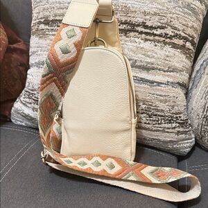 Anthropologie Cream Leather Logo Patch Handbag Label